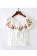 Women Embroidered Flower Ruffled Hem Top