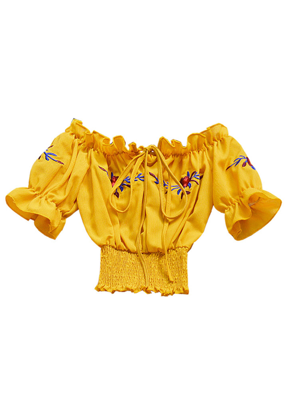 Women Off Neck Tie Strap Embroidered Chiffon Top