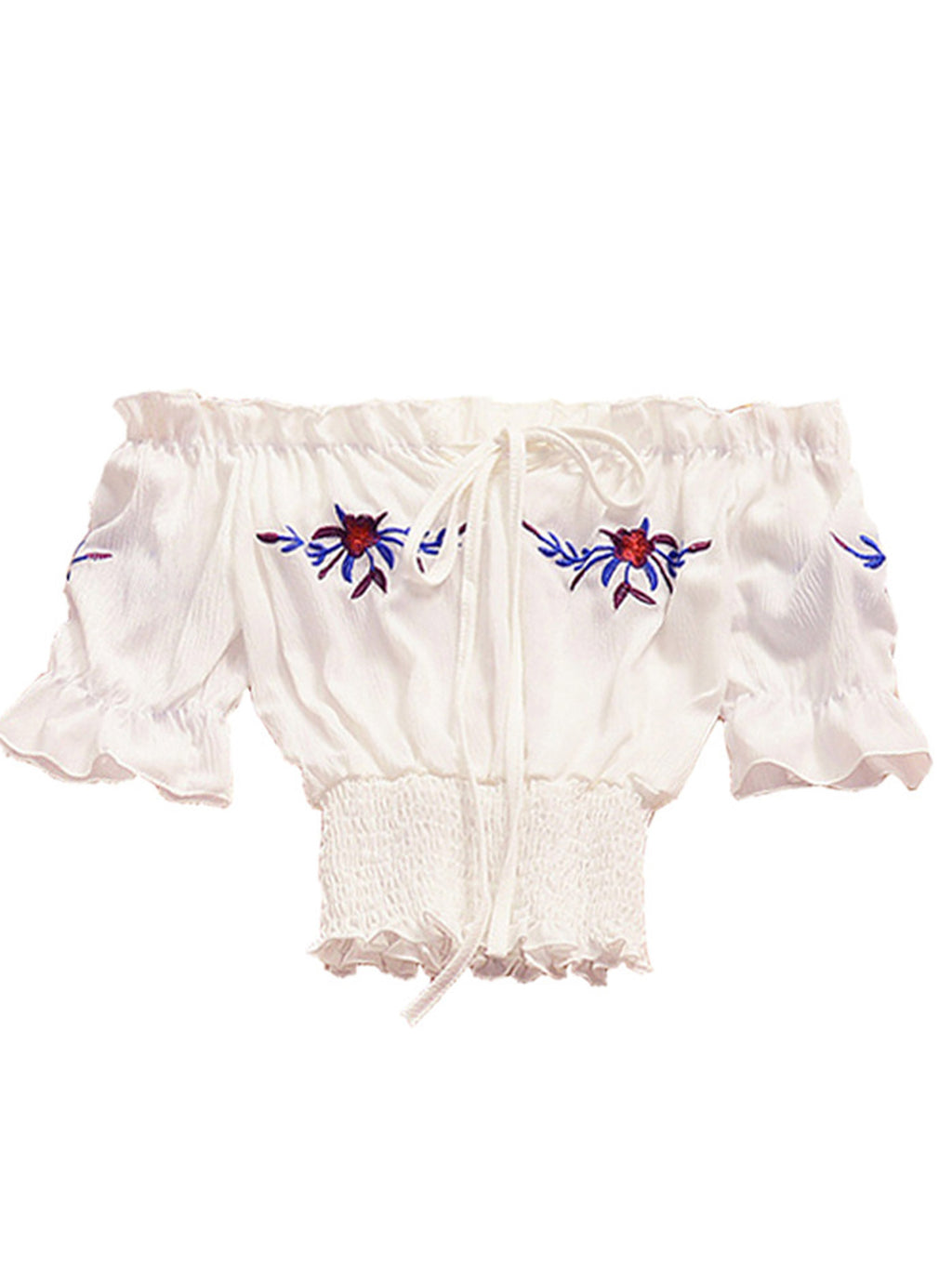 Women Off Neck Tie Strap Embroidered Chiffon Top