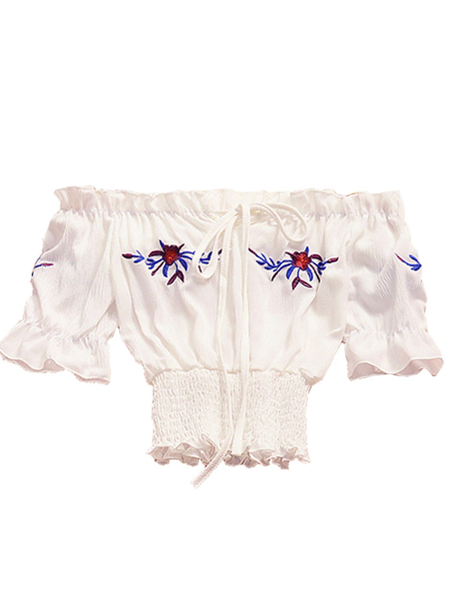 Women Off Neck Tie Strap Embroidered Chiffon Top