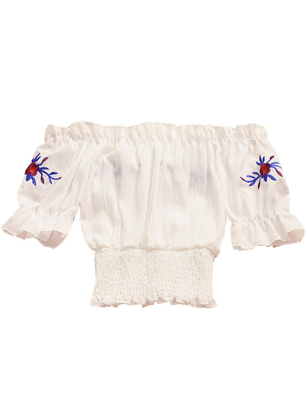 Women Off Neck Tie Strap Embroidered Chiffon Top
