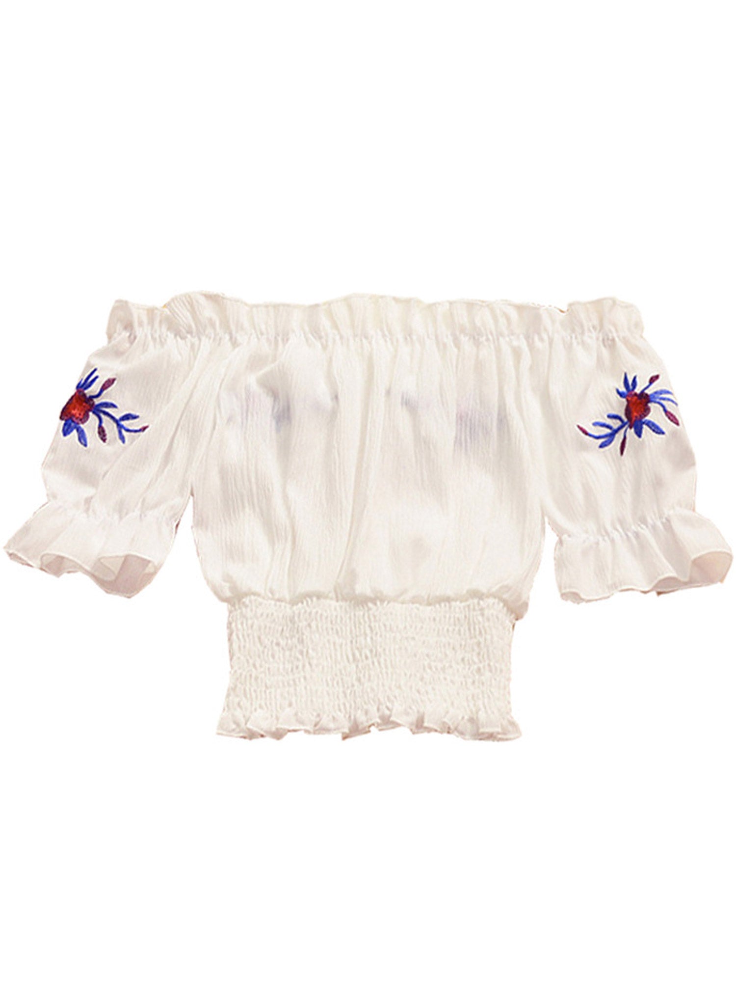 Women Off Neck Tie Strap Embroidered Chiffon Top