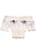 Women Off Neck Tie Strap Embroidered Chiffon Top