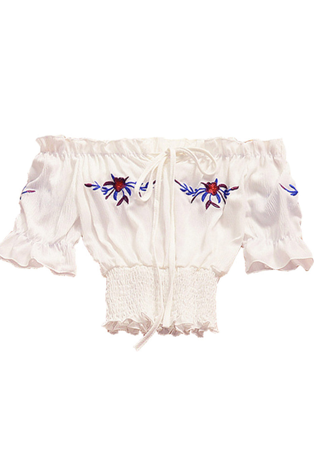 Women Off Neck Tie Strap Embroidered Chiffon Top
