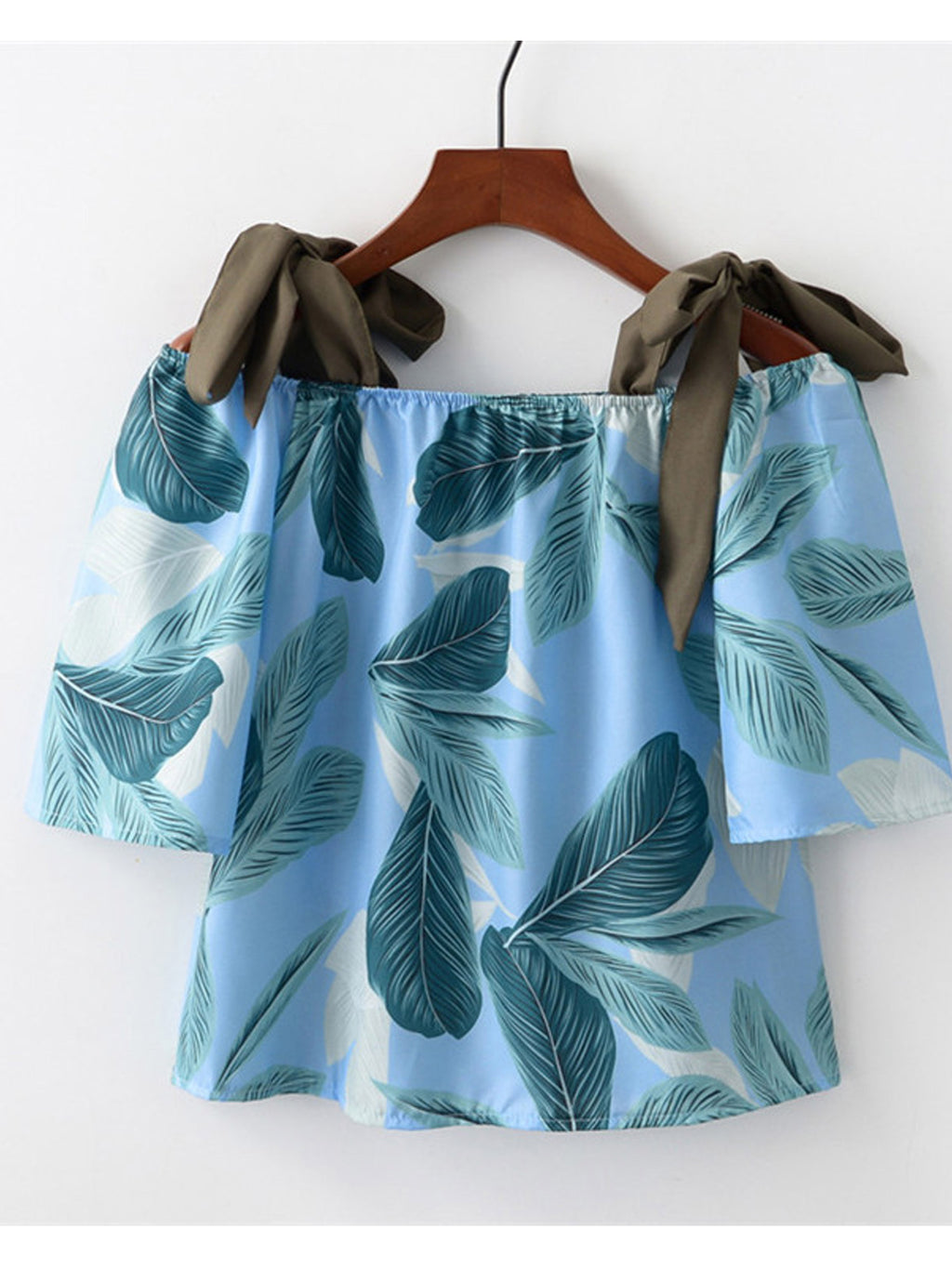 Women Leaves Printed Tie Shoulders Loose Top