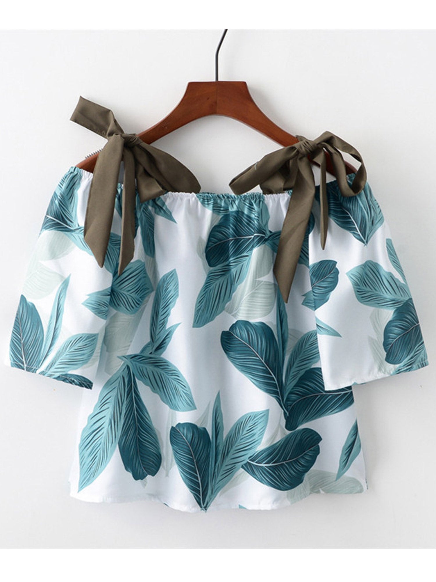 Women Leaves Printed Tie Shoulders Loose Top