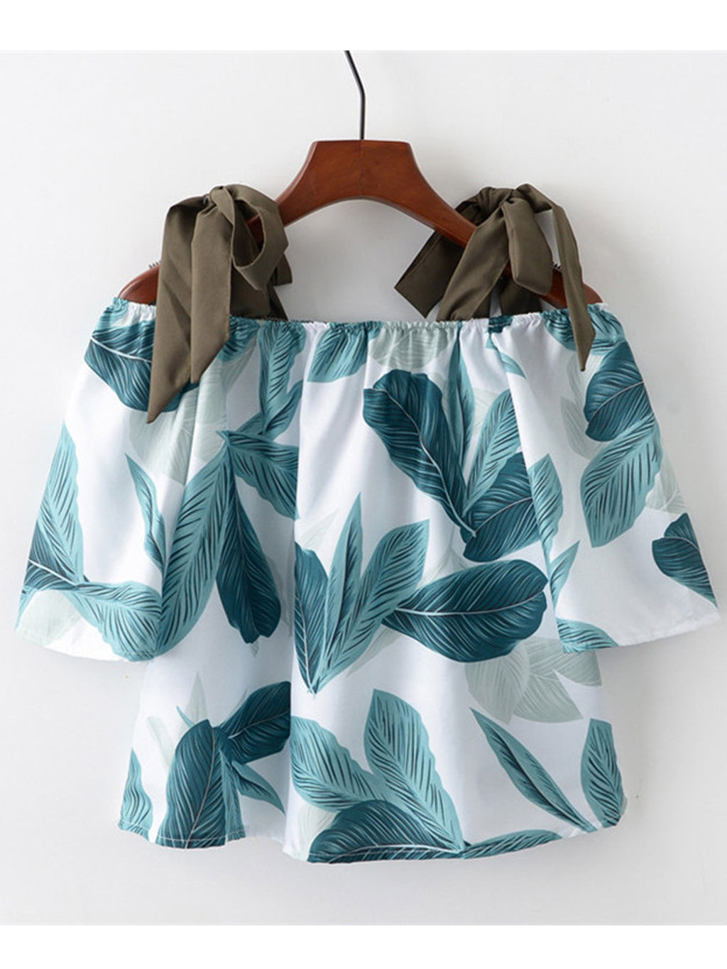 Women Leaves Printed Tie Shoulders Loose Top