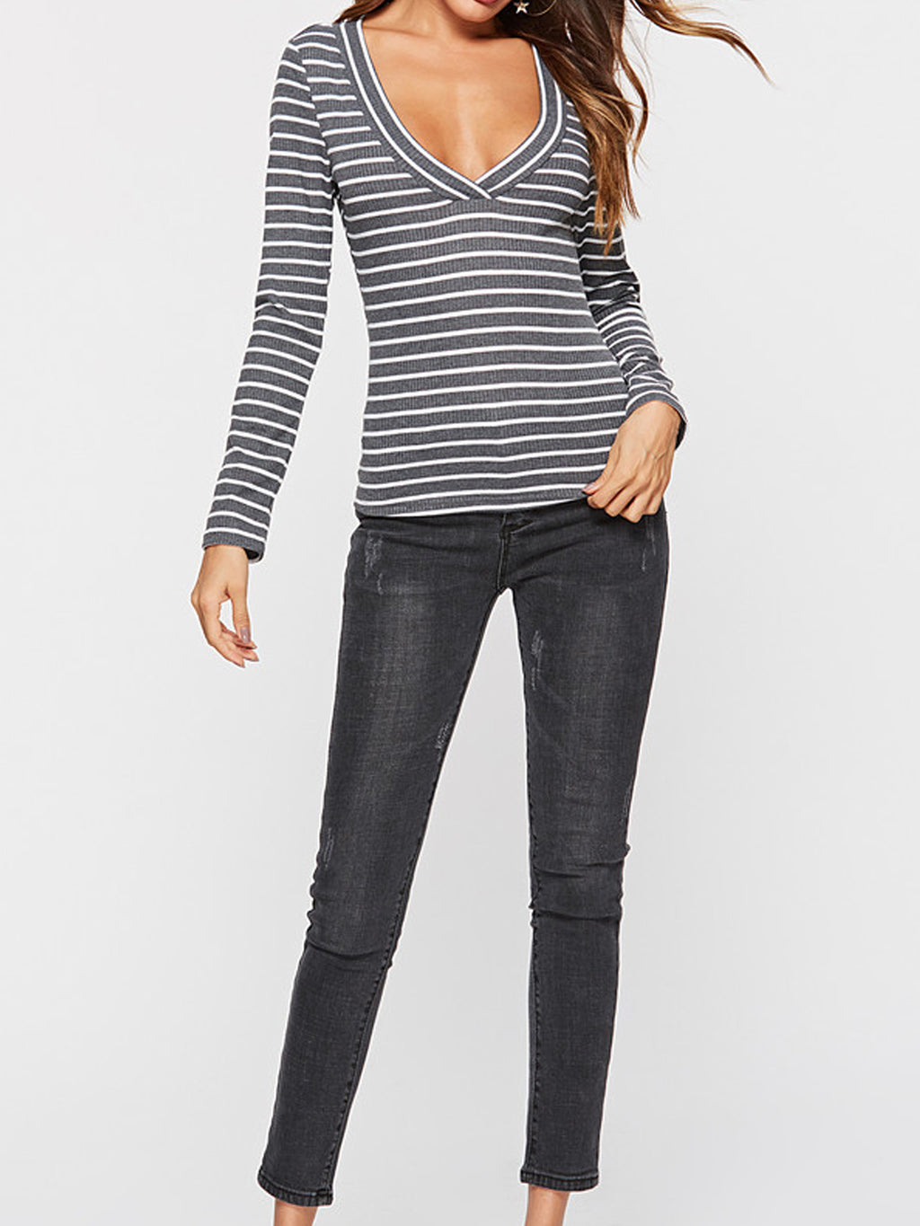 Women Deep Neck Long Sleeve Sexy T-Shirt