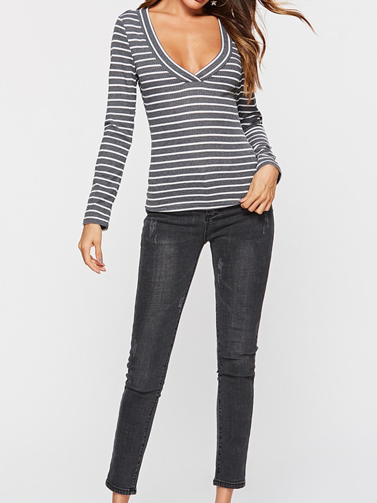 Women Deep Neck Long Sleeve Sexy T-Shirt