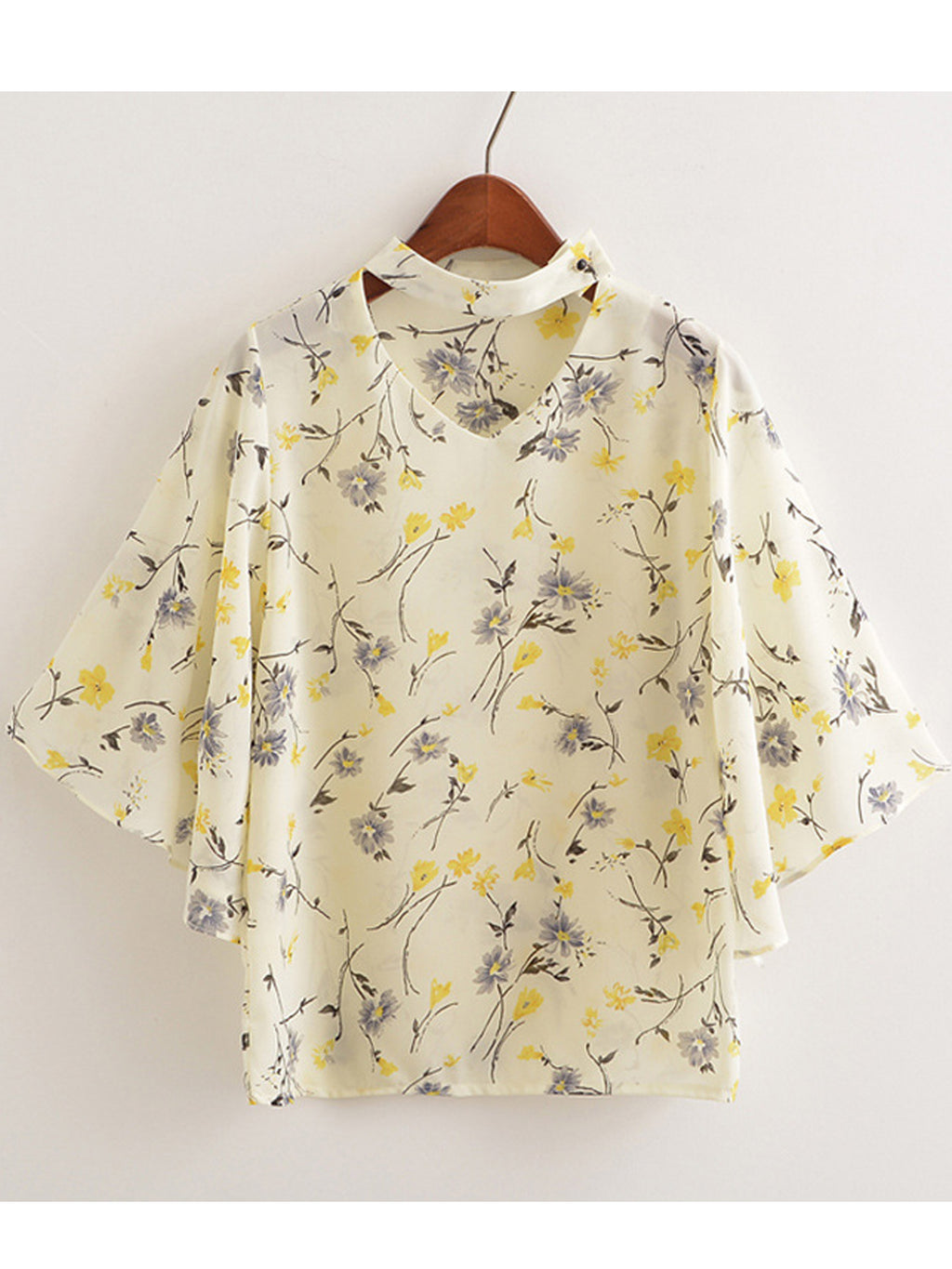 Women V-Collar Loose Sleeve Printed Chiffon Top