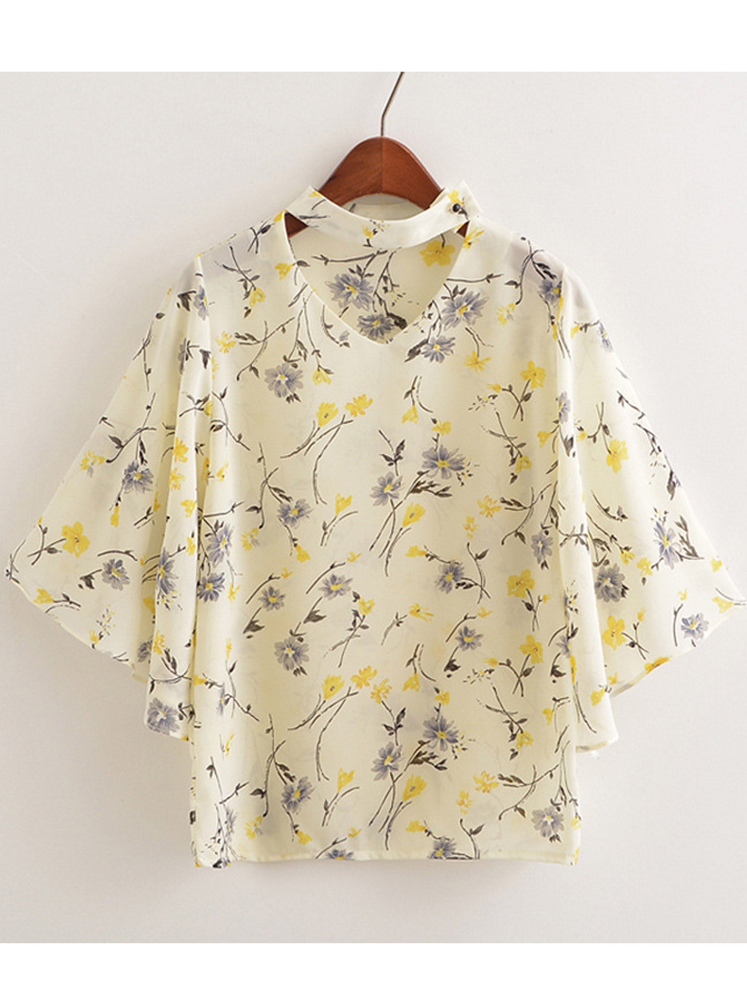 Women V-Collar Loose Sleeve Printed Chiffon Top