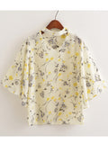 Women V-Collar Loose Sleeve Printed Chiffon Top