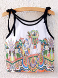Women Tie Shoulder Elephant Printed Summer Top