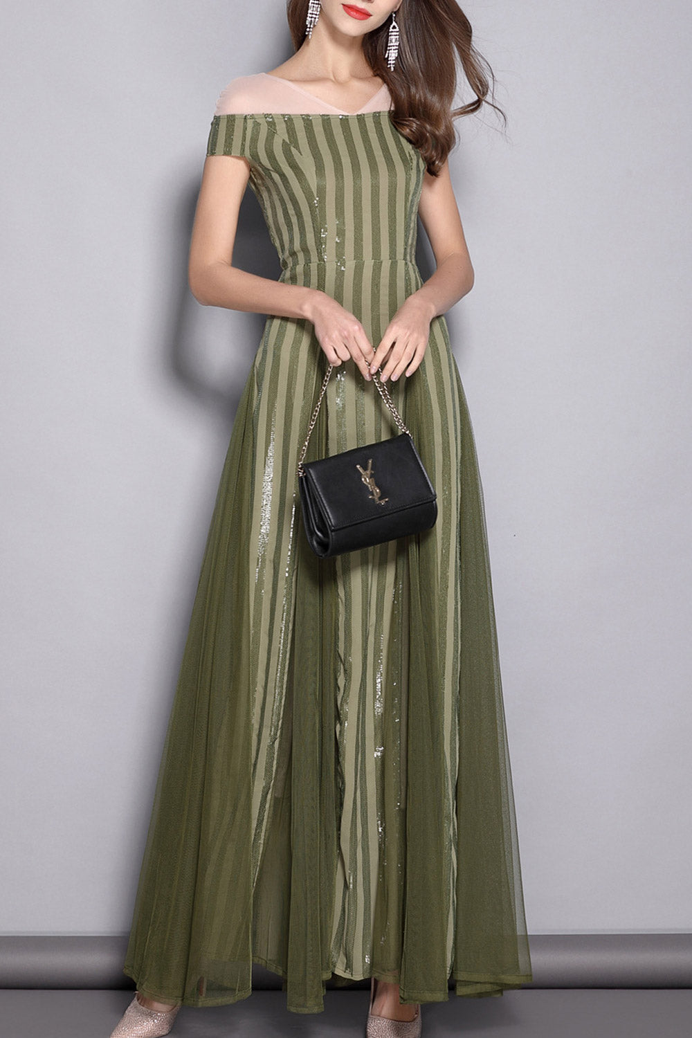Women V-Neck Sequin Chiffon Elegant Party Dress