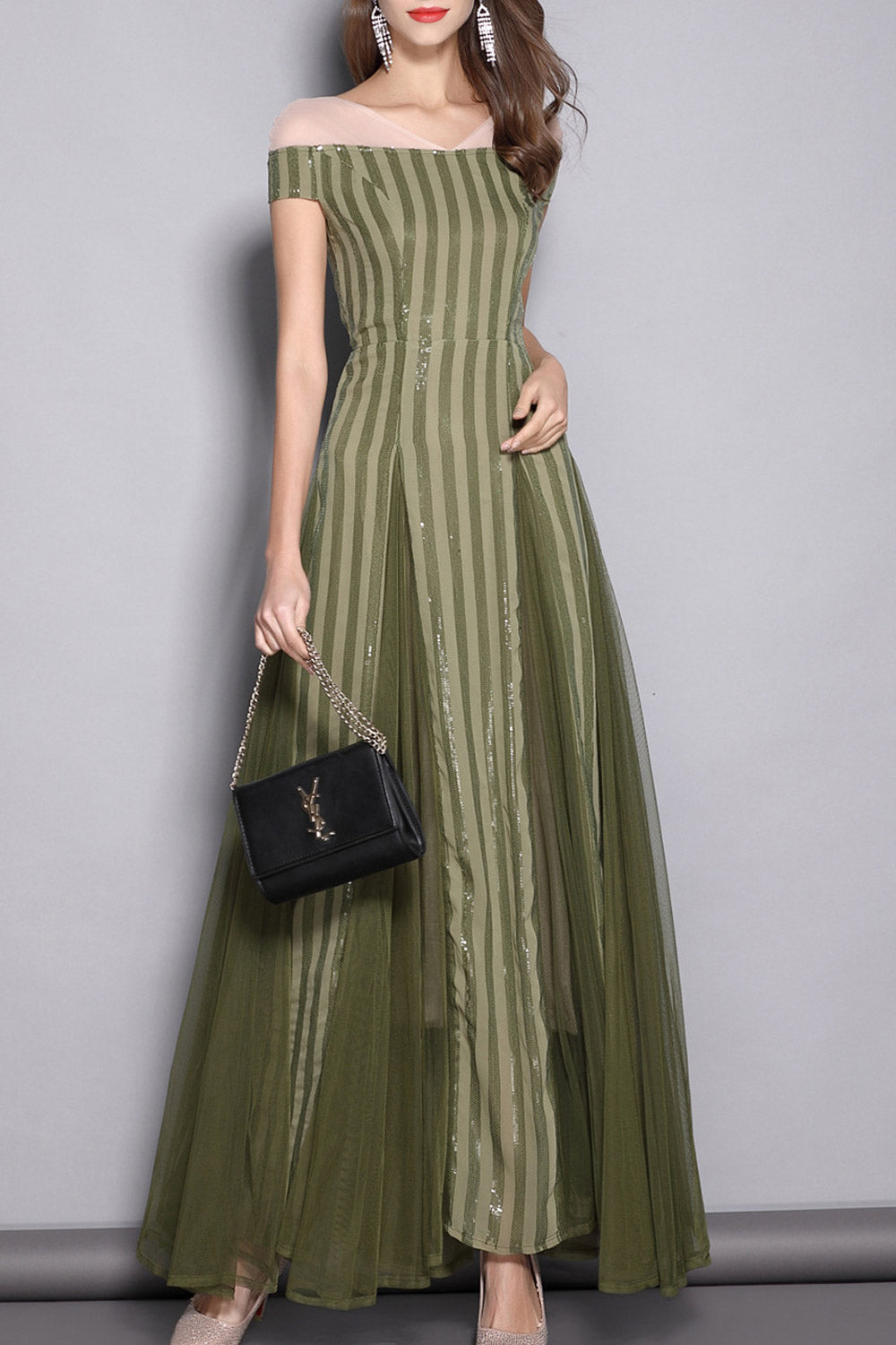 Women V-Neck Sequin Chiffon Elegant Party Dress