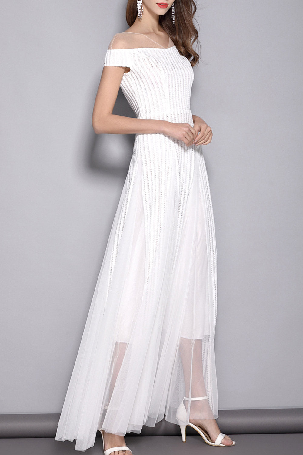 Women Sheered Neck Long Skirt Party Dress