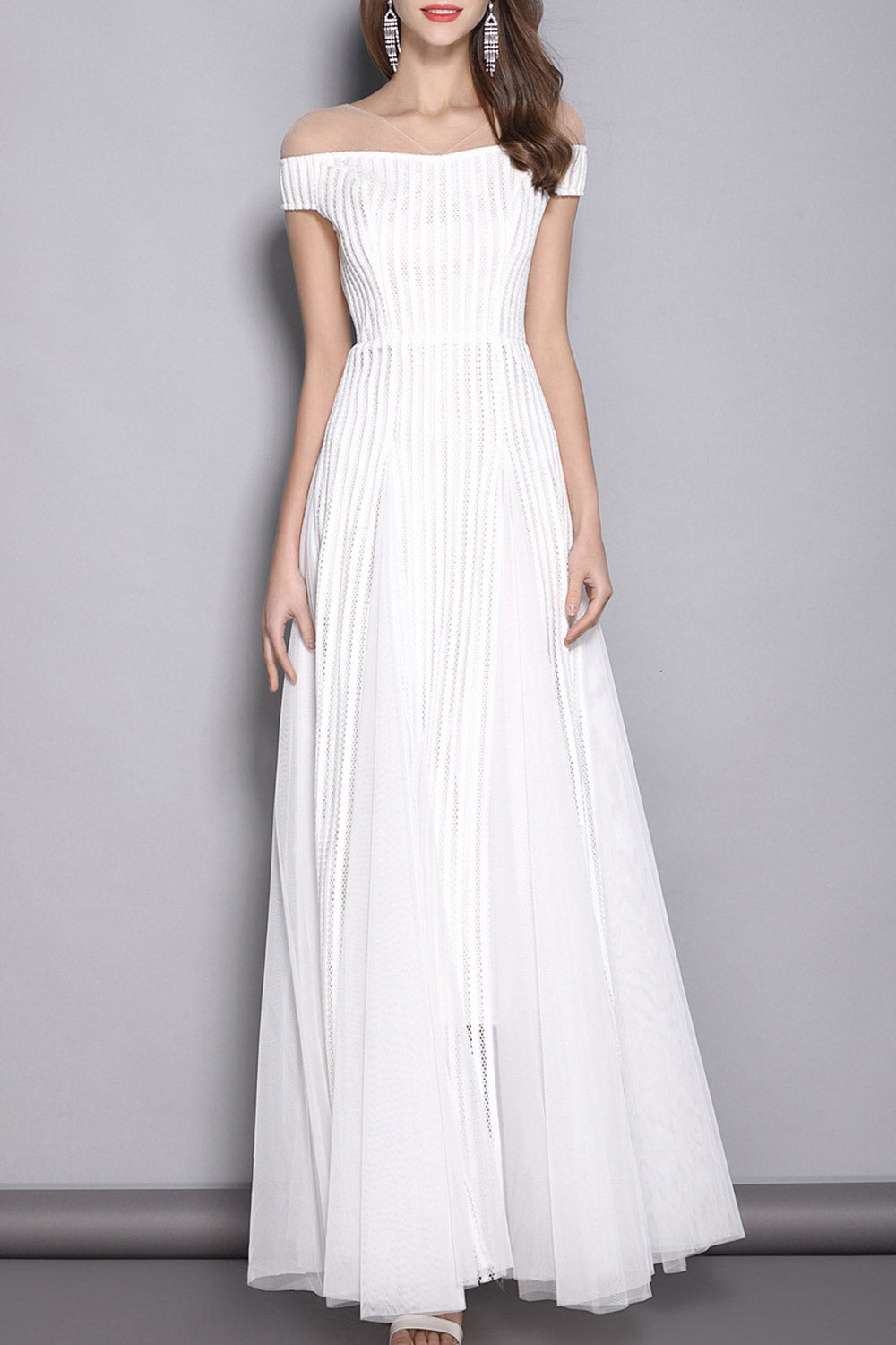 Women Sheered Neck Long Skirt Party Dress