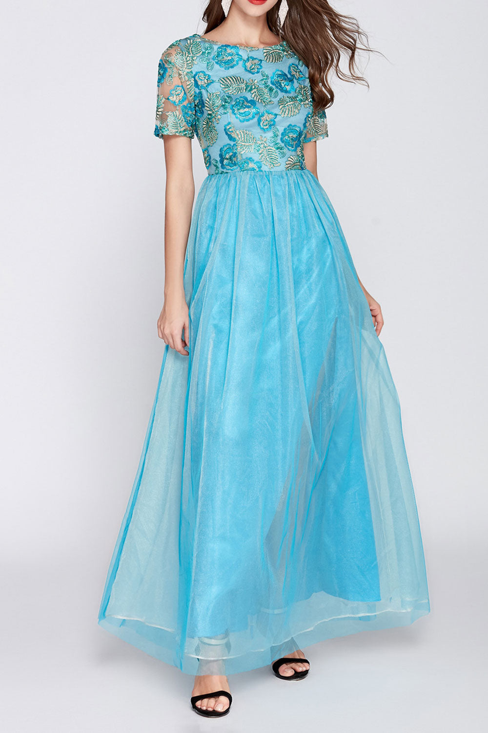 Women Decorated Bust Plain Skirt Evening Dress
