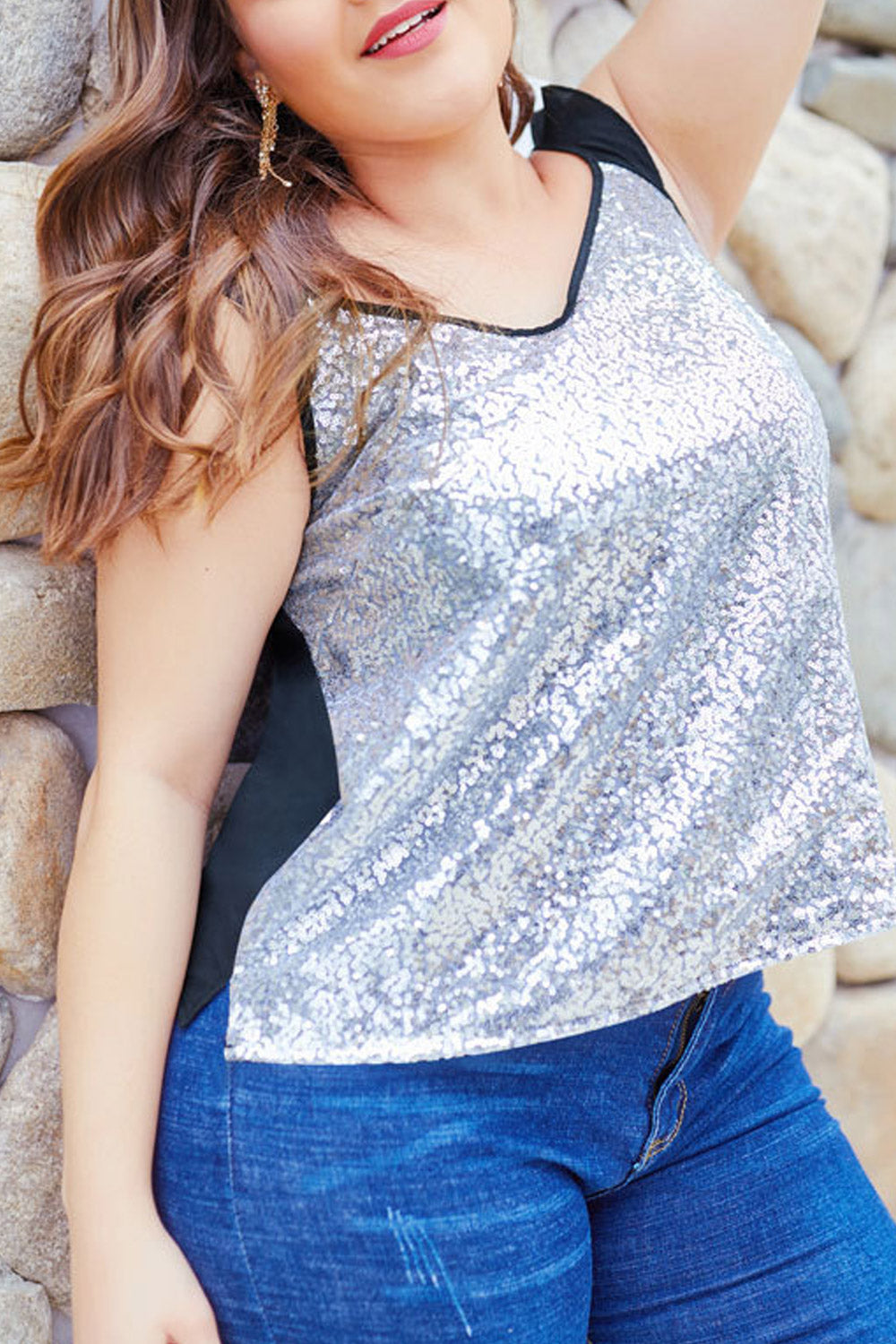 Women V-Neck Ruffled Shoulder Sequin Top