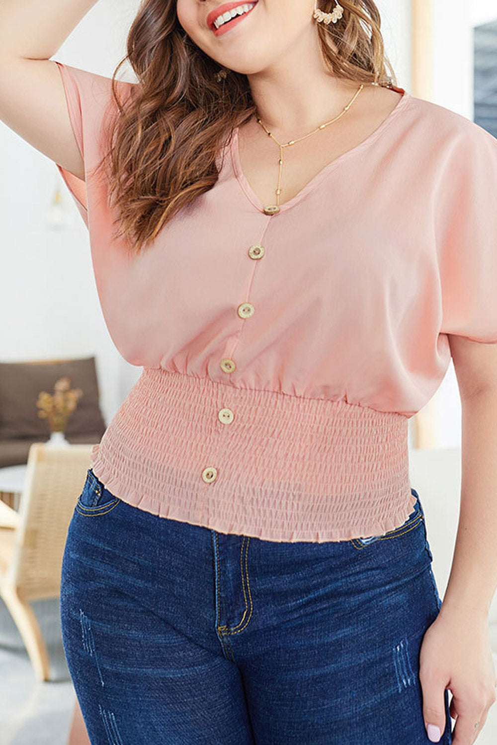 Women V-Neck Button Attached Empire Waist Dress