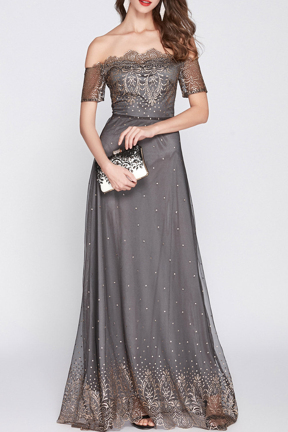 Women Embroidered Off Neck Long Maxi Party Dress