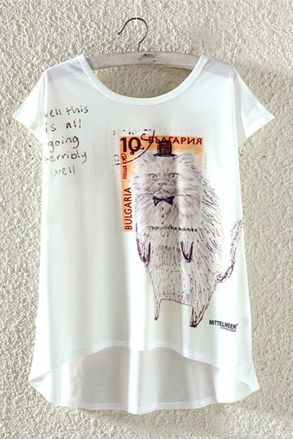 Women Kitten Printed Irregular Loose T-Shirt