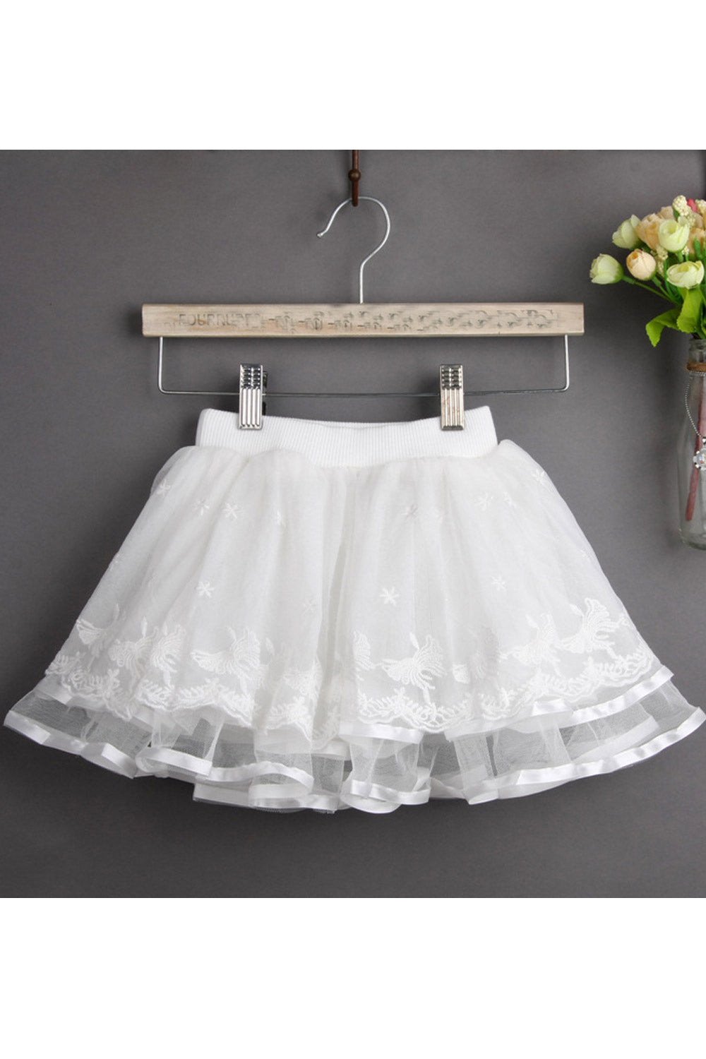 Kids Girls Lace Elasticated Flower Mesh Skirt