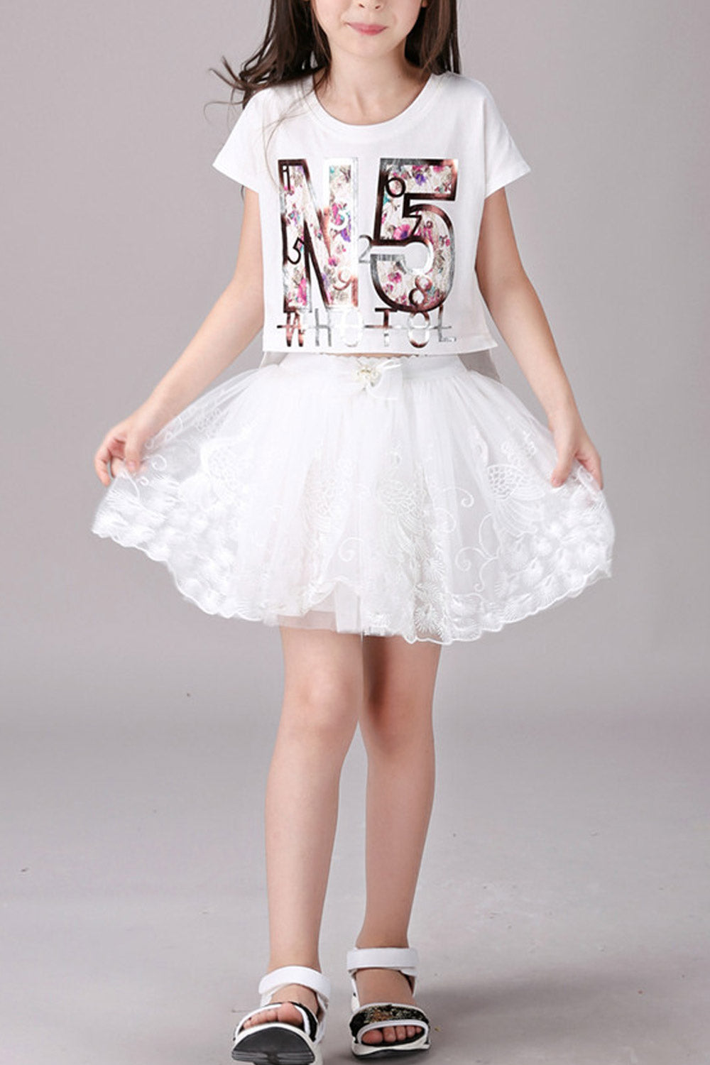 Kids Girls Embroidered Lace Elasticated Skirt