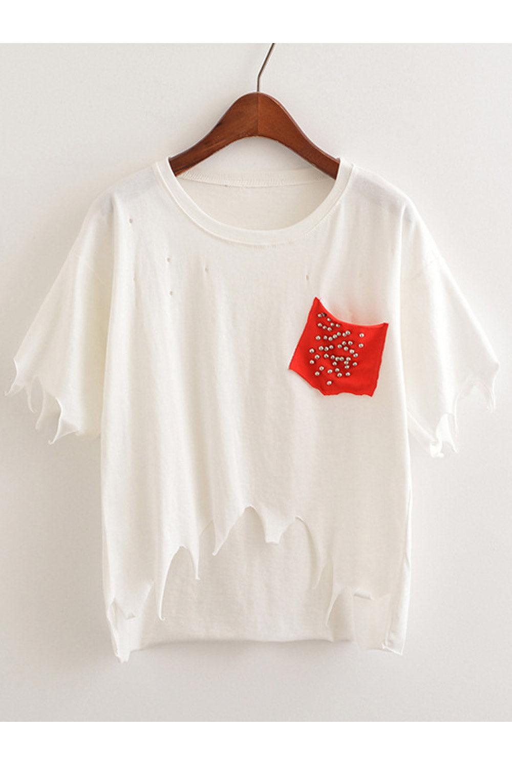 Women Beaded Pocket Irregular Casual T-Shirt