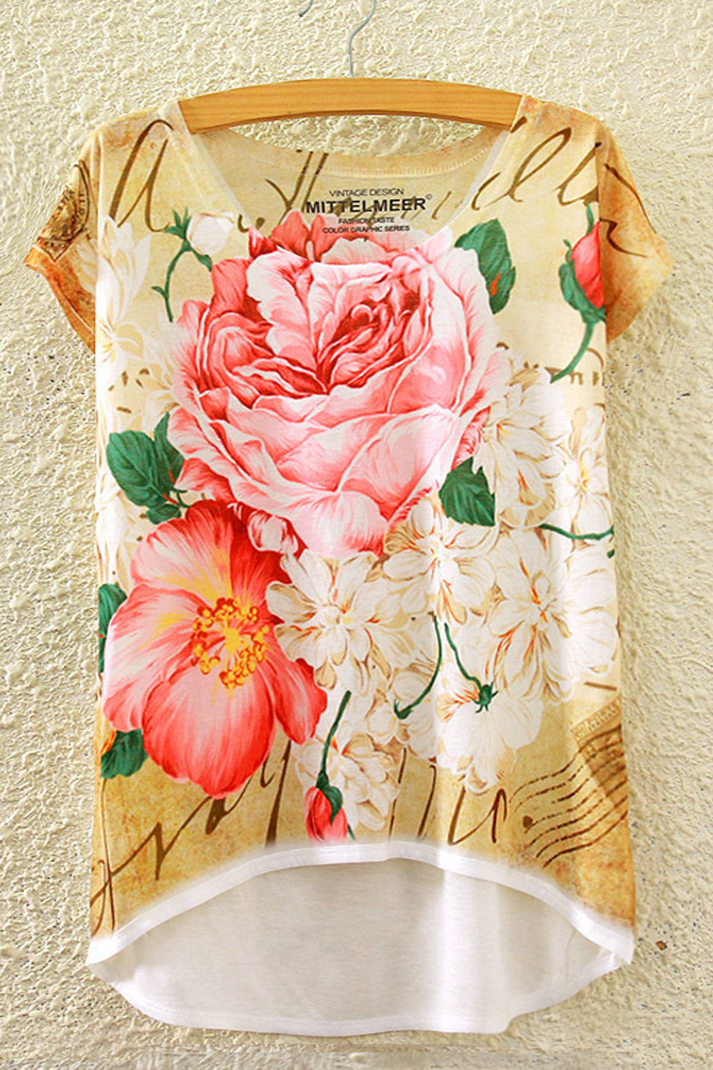 Women Beautiful Floral Print Irregular T-Shirt