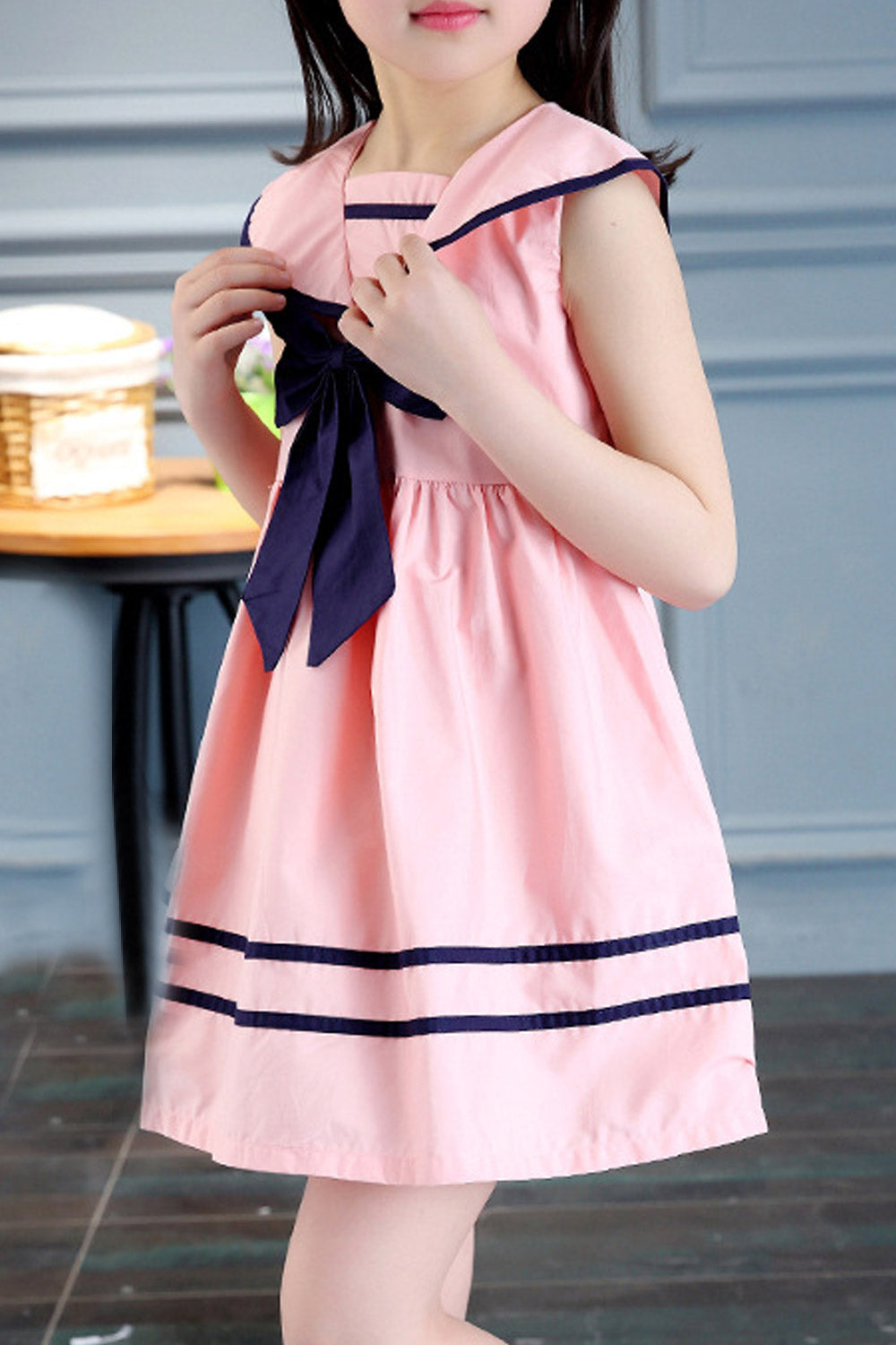 Kids Girls Bow Neck Striped Casual Dress