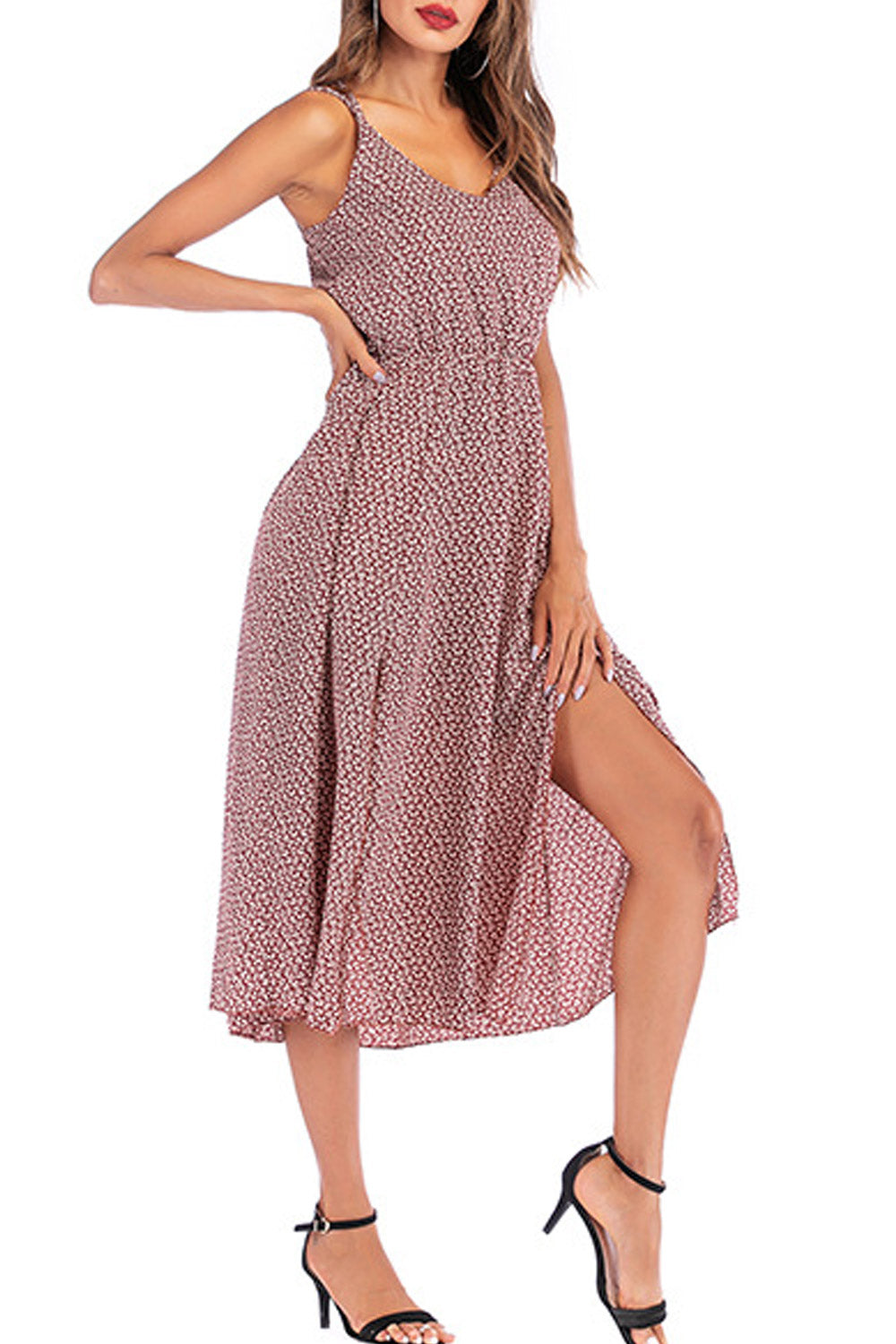 Women V-Neck Side Slits Printed Summer Dress
