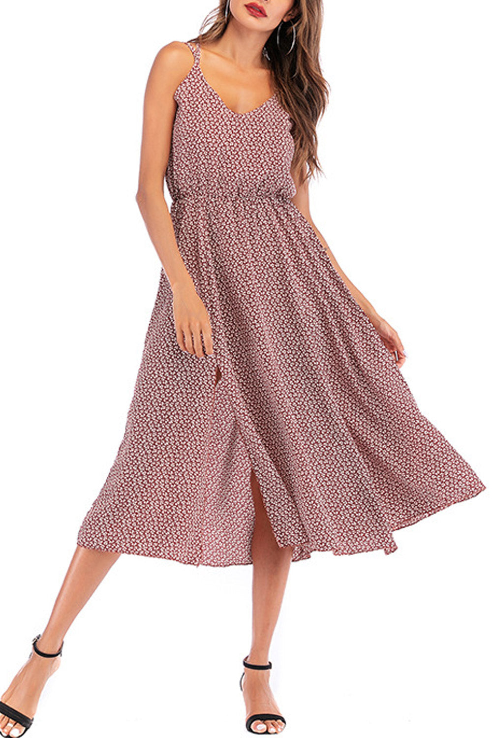 Women V-Neck Side Slits Printed Summer Dress