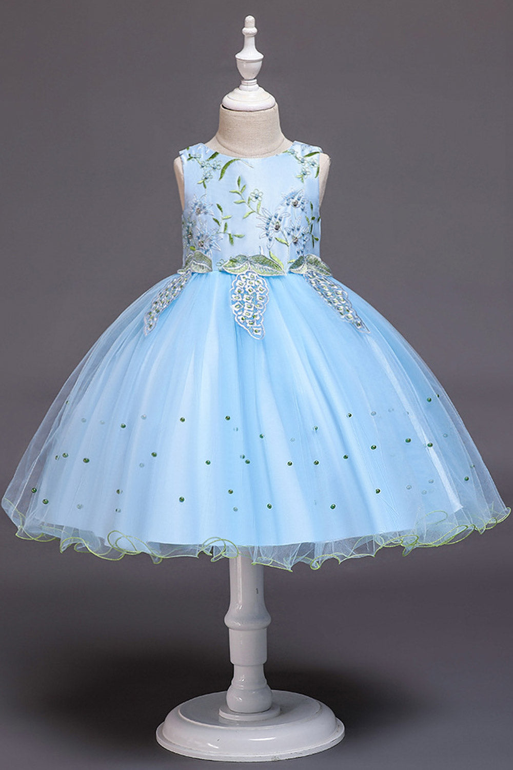 Kids Girls Lace Beaded Mesh Soft Ball Gown Dress