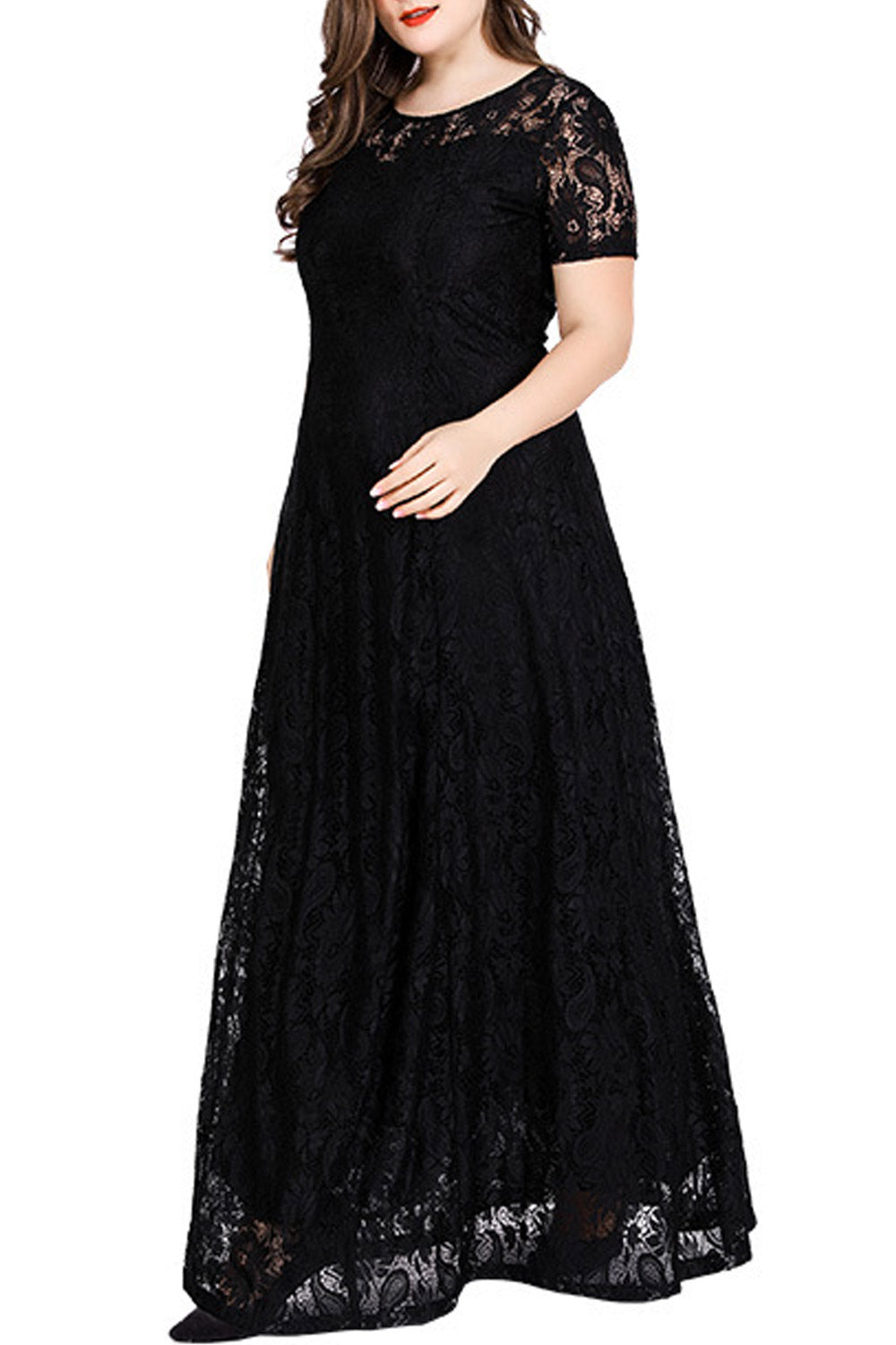 Women Plus Flower Lace Floor Length Dress