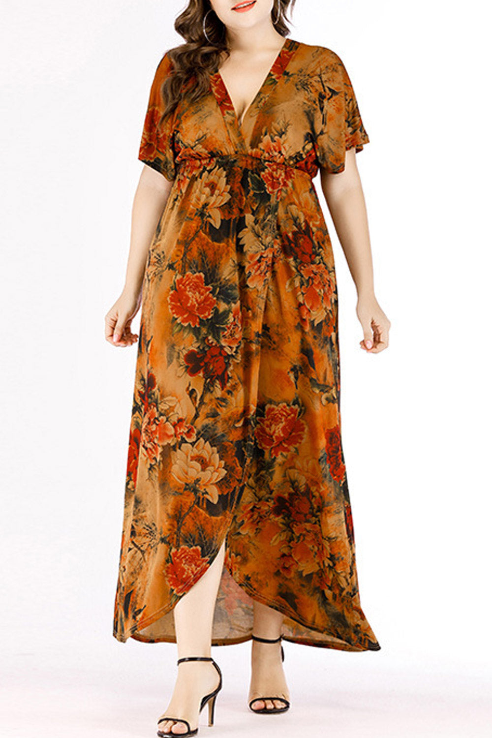 Women Plus Short Sleeve Floral Wrap Dress