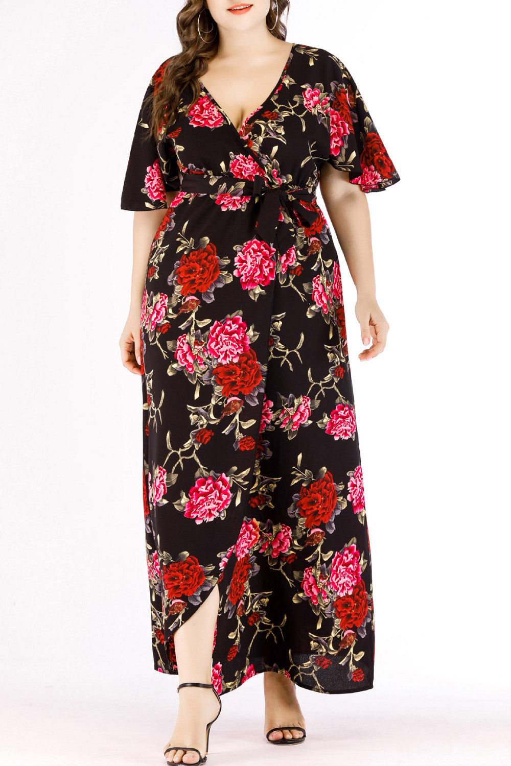 Women Plus Floral Tie Waist V-Neck Dress