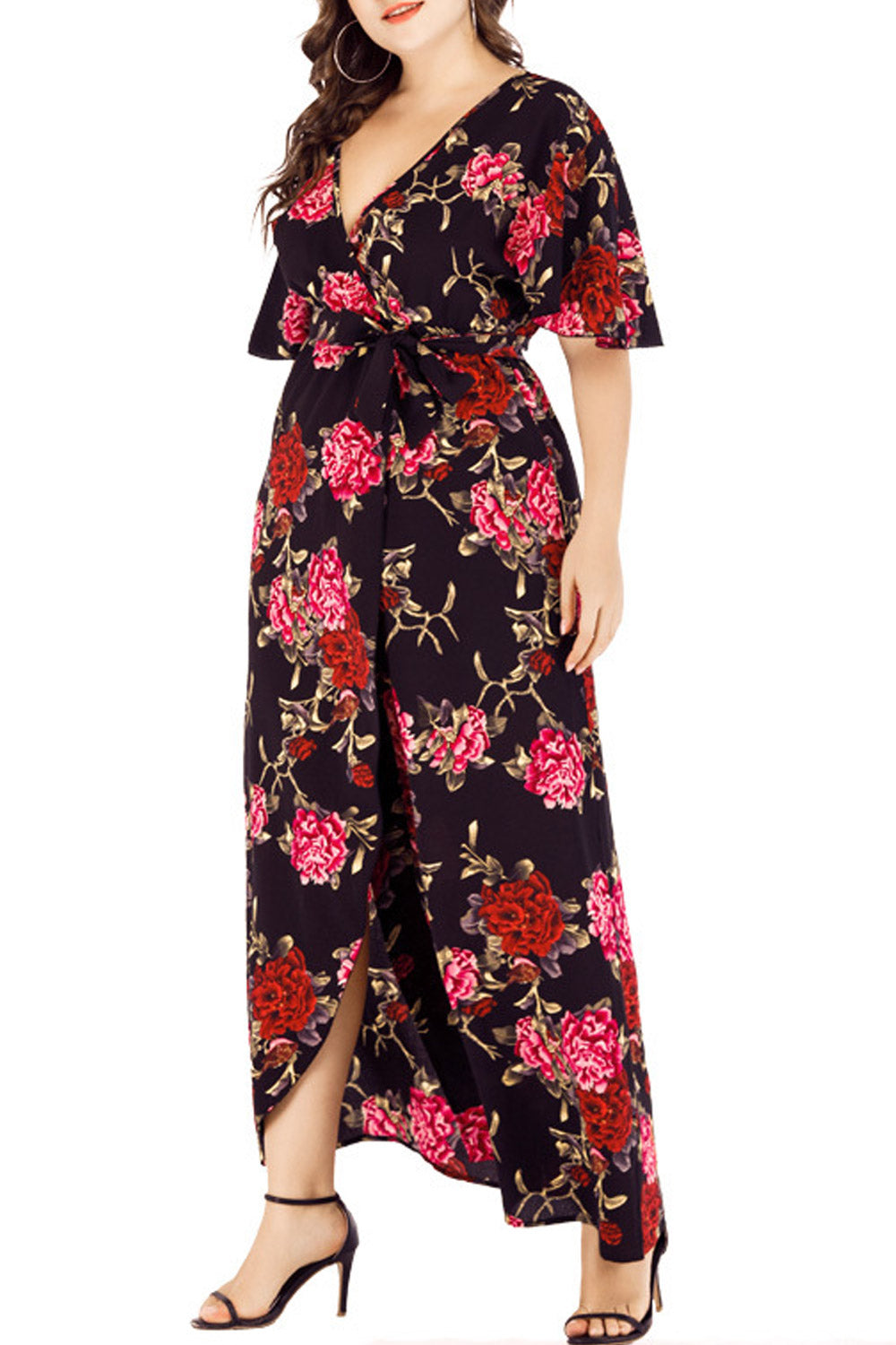 Women Plus Floral Tie Waist V-Neck Dress