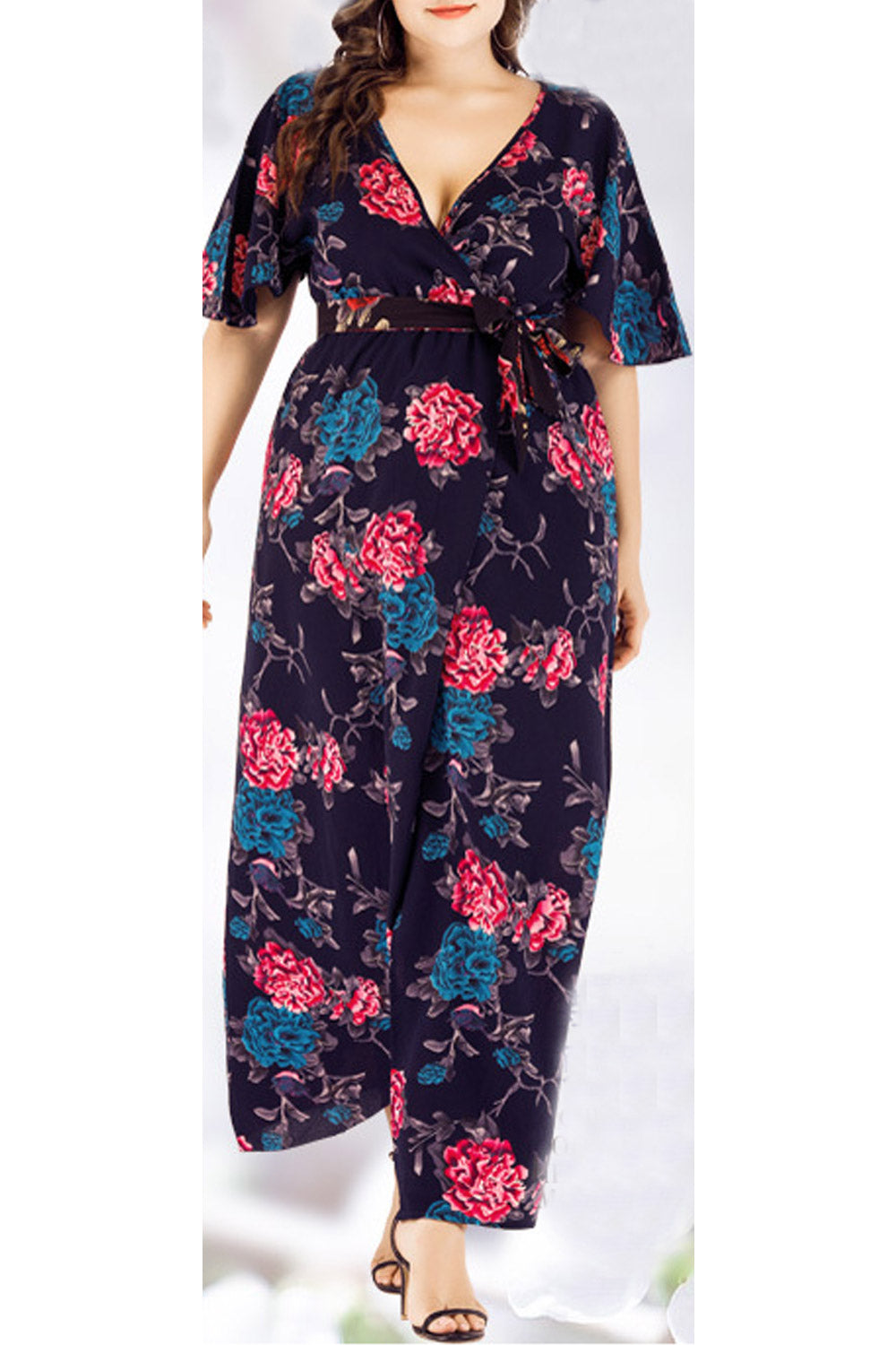 Women Plus Floral Tie Waist V-Neck Dress