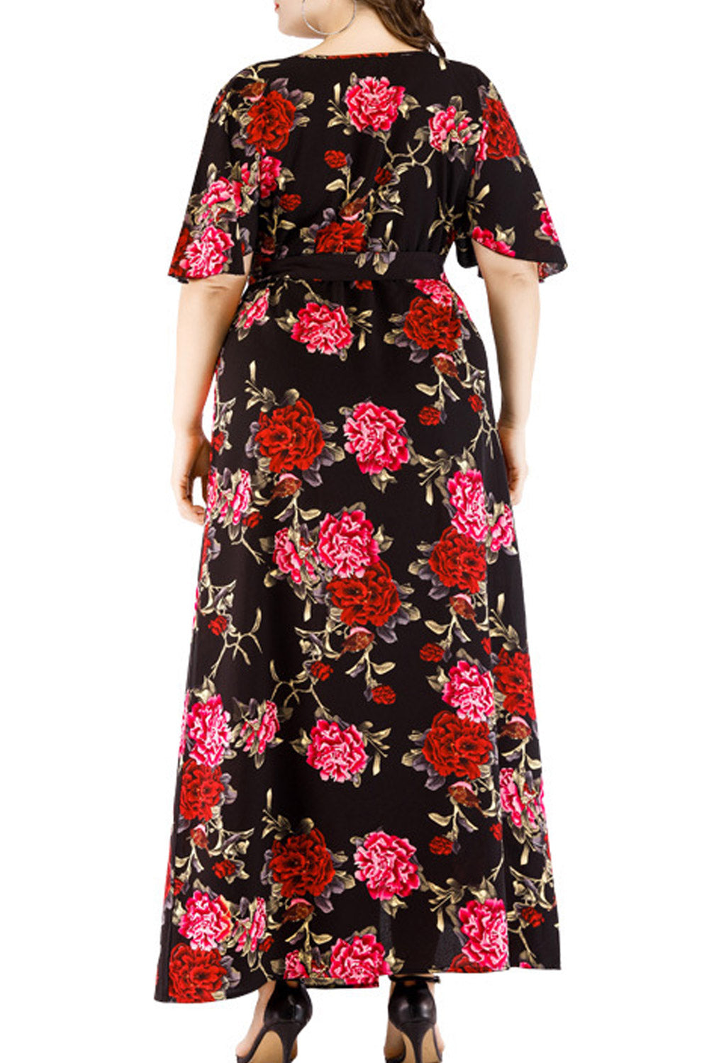 Women Plus Floral Tie Waist V-Neck Dress