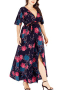 Women Plus Floral Tie Waist V-Neck Dress