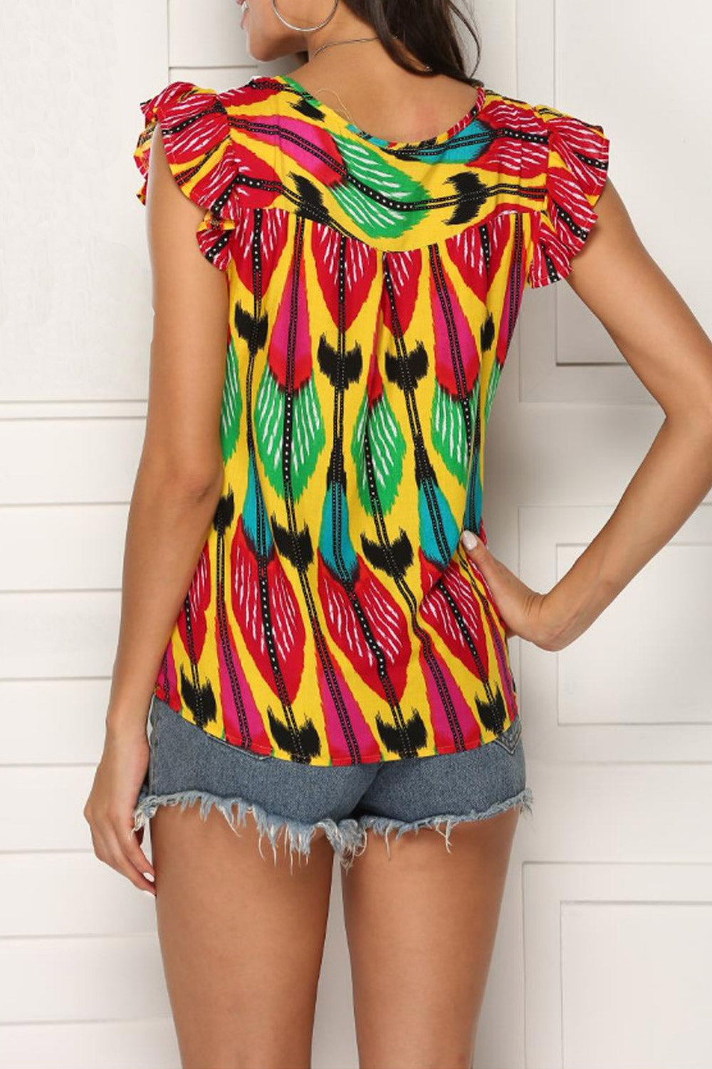 Women Printed Design Round Neck Lace Blouse