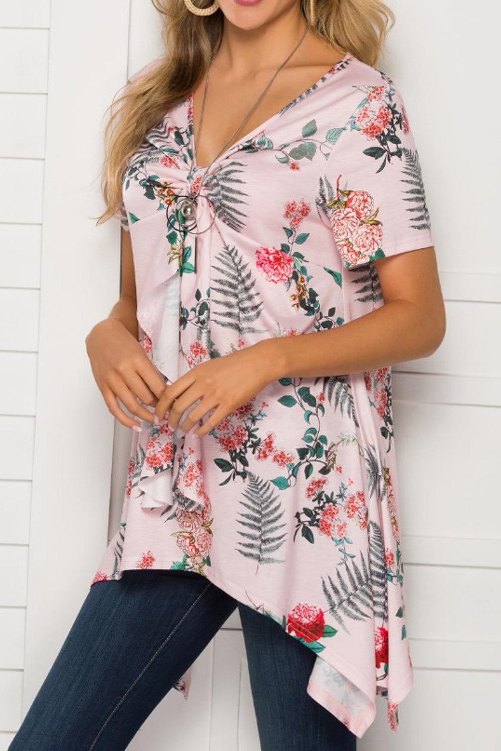 Women Floral V-Neck Irregular Summer Blouse