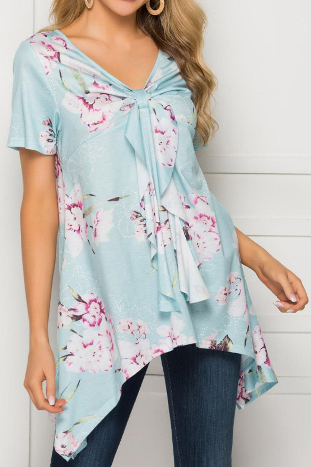 Women Floral V-Neck Irregular Summer Blouse