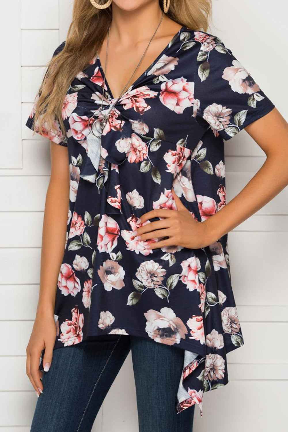 Women Floral V-Neck Irregular Summer Blouse