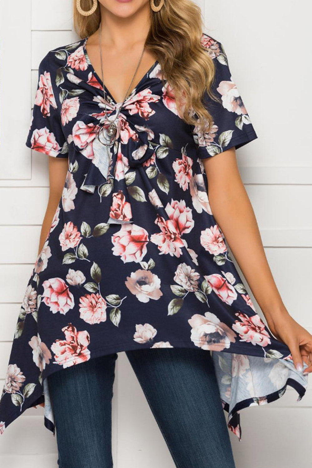 Women Floral V-Neck Irregular Summer Blouse