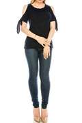 Women Tie Sleeve Cold Shoulder Casual Blouse