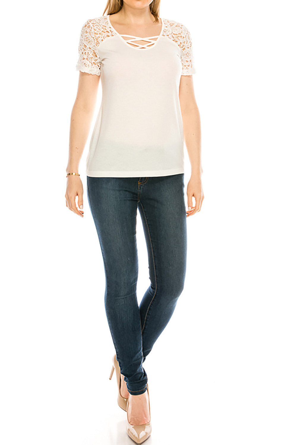 Women Lace Strap Neck Slim Chiffon Blouse