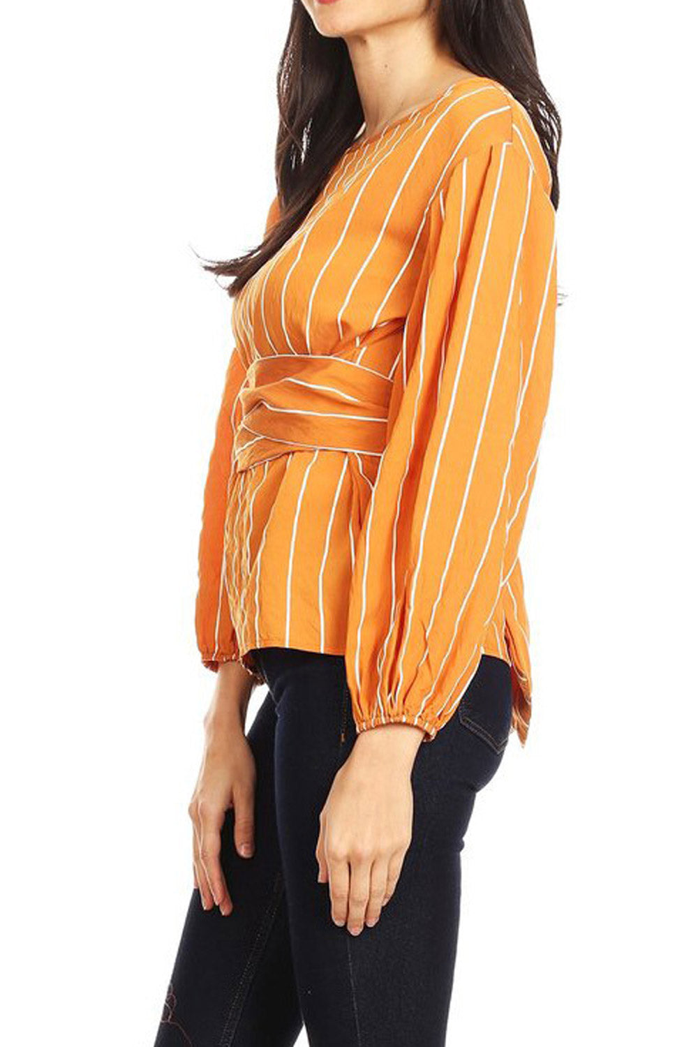 Women Slim Waist Long Sleeve Striped Blouse