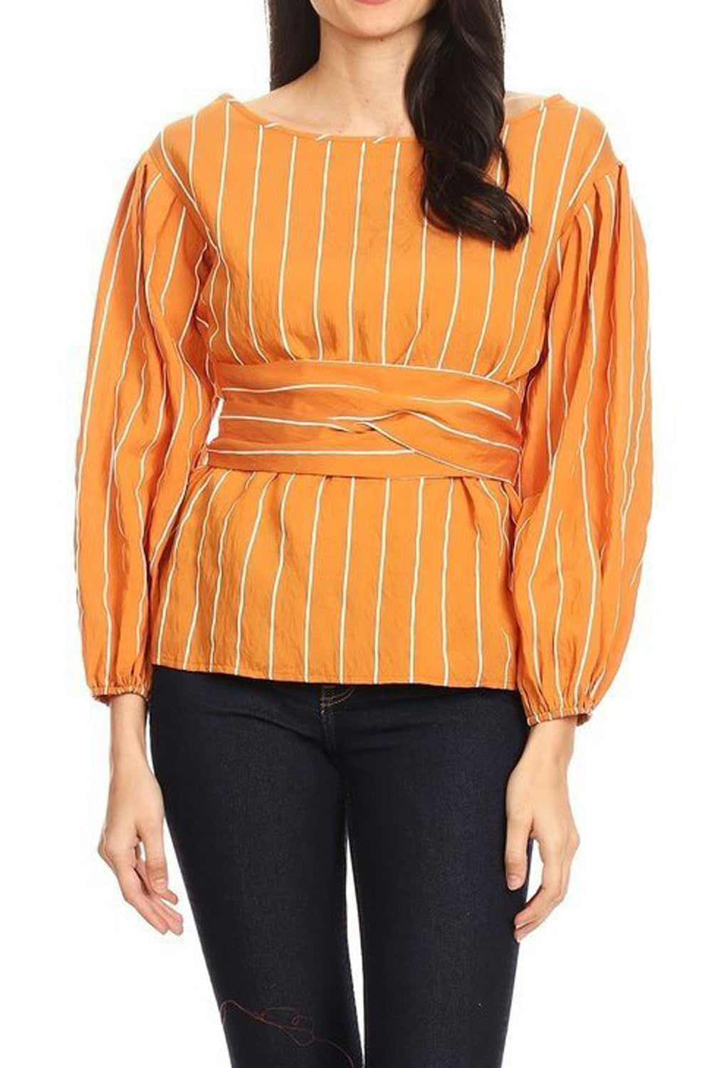 Women Slim Waist Long Sleeve Striped Blouse